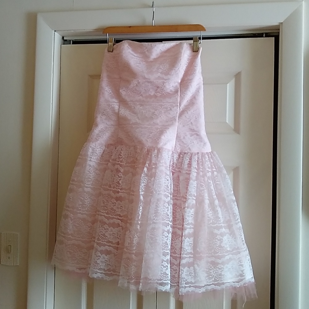 White Lace over pale pink cocktail dress